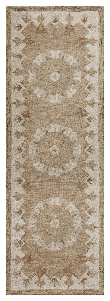 2' X 4' Tan and Beige Wool Medallion Hand Woven Half Circle Area Rug